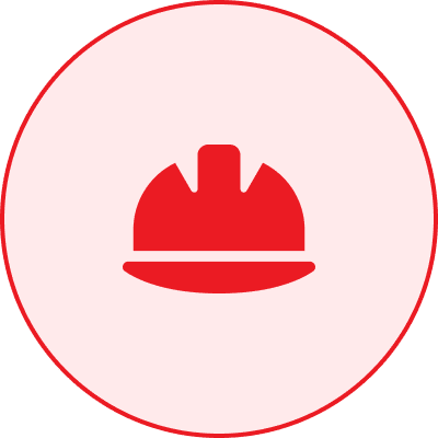 Red hard hat icon inside a red circle on a light pink background.