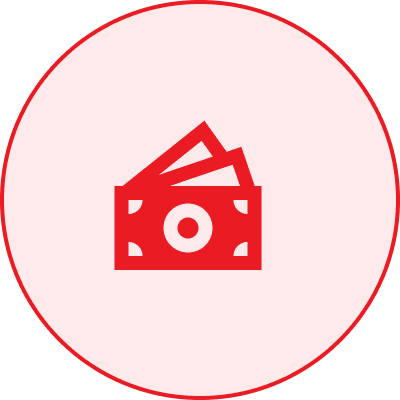 Red icon of stacked paper money on a light pink circular background.